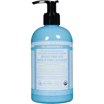 Dr. Bronner's Savon en Pompe Biologique 4-en-1 Sucre non Parfumé pour Bébé 355 ml