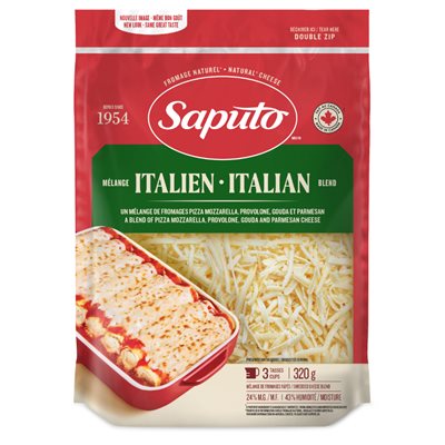 Saputo Fromages Pizza Mozzarella, Parmesan, Provolone, Gouda 24% M.G.Mélange Italien 320g Râpé
