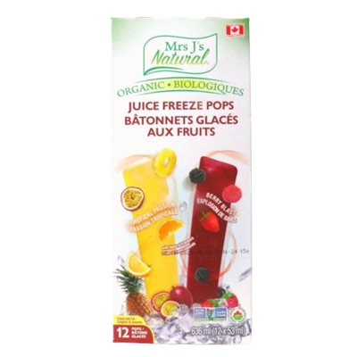 Mrs. J's Natural Organic Juice Freeze Pops Tropical Passion & Berry Blast, 12 Pops 636ml