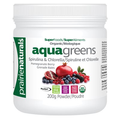 PRAIRIE NATURALS Aqua Greens mélange bio de spiruline et chlorelle – Grenade baies 200g