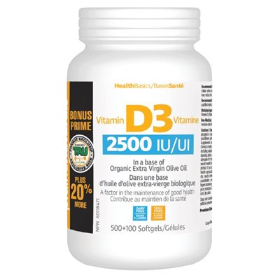 Prairie Naturals 2500IU Vitamin D3 Tau bonus format 500+100softgels