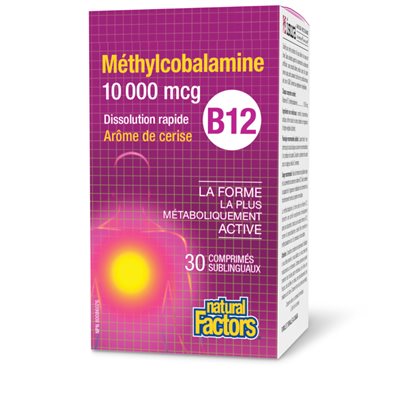 Natural Factors Méthylcobalamine B12 10 000 mcg 30 comprimés sublinguaux Arôme de cerise