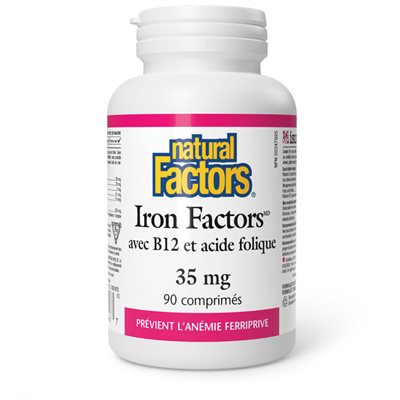 Natural Factors Iron Factors avec B12 et acide folique 35 mg 90 comprimés