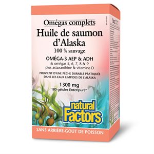 Natural Factors Huile de saumon d’Alaska 100 % sauvage Omégas complets 1 300 mg 180 gélules Enteripure