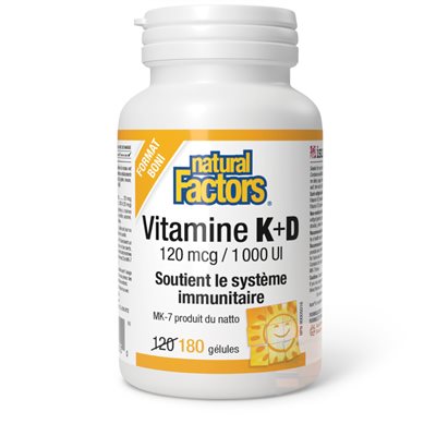 Natural Factors Vitamine K+D 120 mcg / 1 000 UI 180 gélules