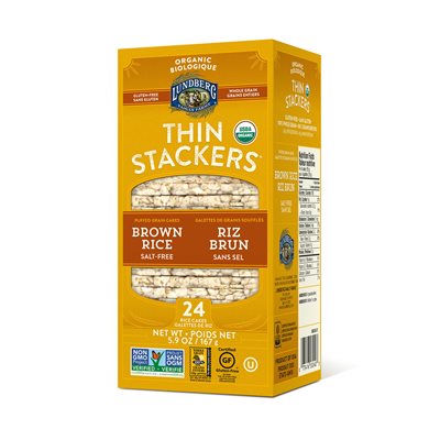 Lundberg Family Farms Thin Stackers Galettes de Grains Soufflés Riz Brun Sans Sel Biologique 24 Galettes de Riz 167 g