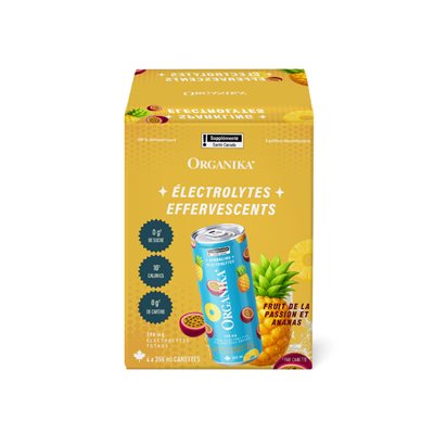 Organika Électrolytes Effervescents Fruit De La Passion Et Ananas 355 Ml Boîte De 4