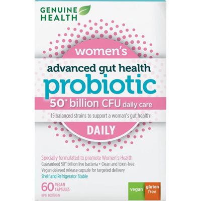 Genuine Health probiotique avancé pour la santé intestinale des femmes 50 milliards d'UFC soins quotidiens 60 capsules végétales