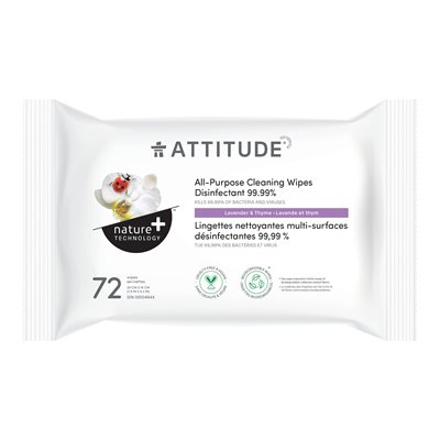 Attitude Nature + Technology Lingettes Nettoyantes Multi-Surfaces Désinfectantes 99,99 % Lavande et Thym 72 Serviettes