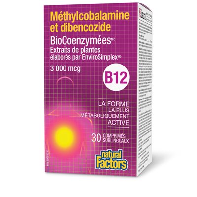 Natural Factors Méthylcobalamine et dibencozide BioCoenzymées * B12 3 000 mcg 30 comprimés sublinguaux Natural Factors Méthylcobalamine et dibencozide BioCoenzymées * B12 3 000 mcg 30 comprimés sublinguaux