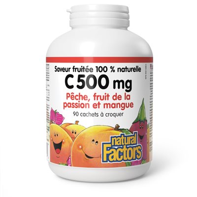 Natural Factors C 500 mg Saveur fruitée 100 % naturelle 500 mg 90 cachets à croquer pêche, fruit de la passion et mangue Natural Factors C 500 mg Saveur fruitée 100 % naturelle 500 mg 90 cachets à croquer pêche, fruit de la passion et mangue