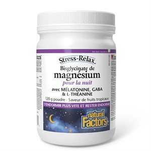 Natural Factors Bisglycinate de magnésium pour la nuit avec mélatonine, GABA & L-théanine 120 g poudre saveur de fruits tropicaux