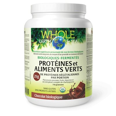 Whole Earth & Sea® Protéines et aliments verts biologiques fermentés 710 g poudre chocolat biologique Whole Earth & Sea® Protéines et aliments verts biologiques fermentés 710 g poudre chocolat biologique