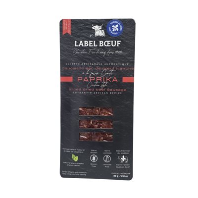 Label Bœuf - Saucisson sec de bœuf tranché Paprika - 80g Label Bœuf - Saucisson sec de bœuf tranché Paprika - 80g