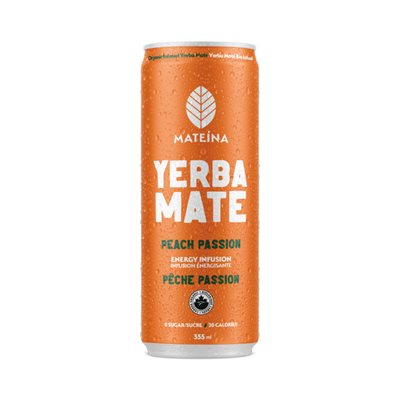 Mateina Yerba Mate Boisson énergisante à Base de Plantes Pêche Passion Biologique 355 ml