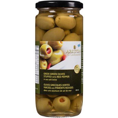 Ariston Greek Green Olives Stuffed with Red Pepper in Sea Salt Brine 500 ml 500ML