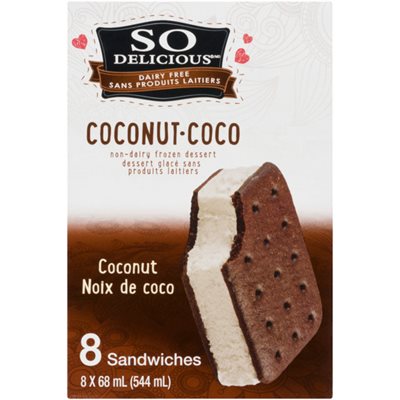 So Delicious Sans Produits Laitiers Dessert Glacé Sans Produits Laitiers Noix de Coco 8 Sandwiches x 68 ml (544 ml)