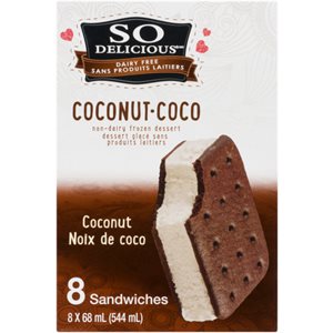 So Delicious Sans Produits Laitiers Dessert Glacé Sans Produits Laitiers Noix de Coco 8 Sandwiches x 68 ml (544 ml)