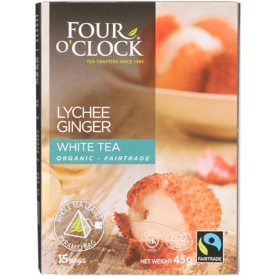 Four O'Clock Organic Fairtrade Lychee Ginger White Tea 15 Bags 45 g 15s