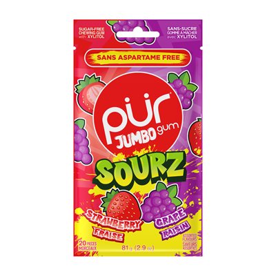 Pur Jumbo Gum Sourz Strawberry & Grape 20Pcs