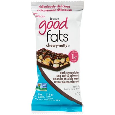 Love Good Fats Chewy-Nutty Barre aux Noix Amandes et Sel de Mer à Saveur de Chocolat Noir 40 g