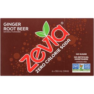 Zevia Zero Calorie Soda Ginger Root Beer 6 Cans x 355 ml 