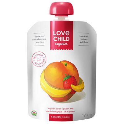 Love Child Organics Purée Biologique Bananes Fraises Pêches 6 Mois + 128 ml