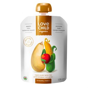 Love Child Organics Purée Biologique Pommes, Mais, Courge Musquée 6 Mois+ 128 ml