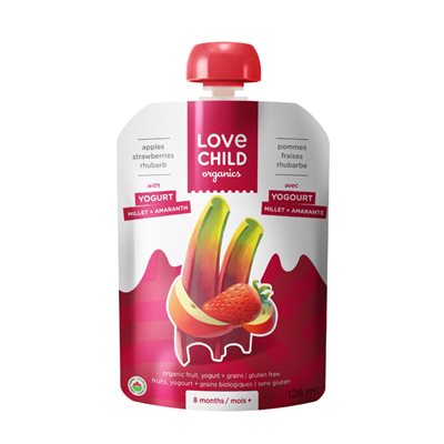 Love Child Organics Fruits, Yogourt + Grains Biologiques Pommes Fraises Rhubarbe 8 Mois + 128 ml