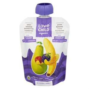 Love Child Organics Fruits, Yogourt + Grains Biologiques Poires Bananes Môres Framboises 8 Mois + 128 ml
