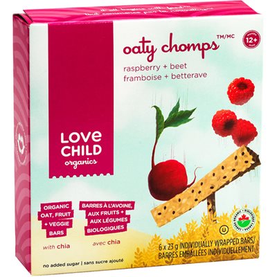 Love Child Organics Oaty Chomps Barres à l'Avoine, aux Fruits + aux Légumes Biologiques Framboise + Betterave 12+ Mois 6 Barres 