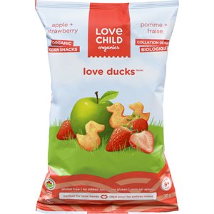 Love Child Organics Love Ducks Collation de Mais Biologique Pomme + Fraise 9+ Mois 30 g
