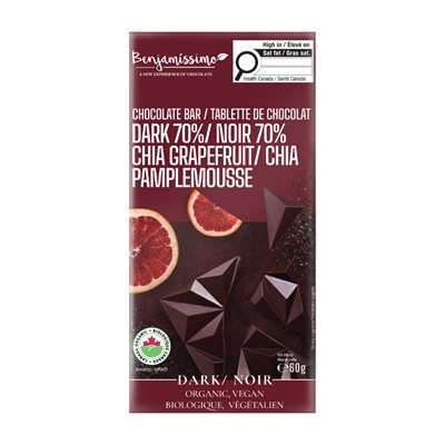Benjamissimo Tablette De Chocolat Noir 70% Chia Pamplemousse Biologique 60G