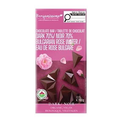 Benjamissimo Tablette De Chocolat Noir 70% Eau De Rose Bulgare Biologique 60G