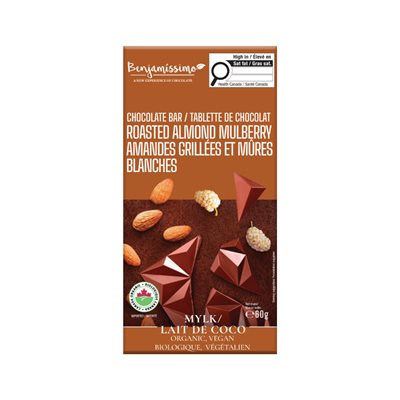 TABLETTE CHOCOLAT LAIT COCO AMANDES GRILLÉES MÛRES BLANCHES 60GR