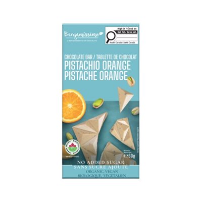 Benjamissimo Barre de chocolat sans sucre ajouté Pistache Orange bio 60g